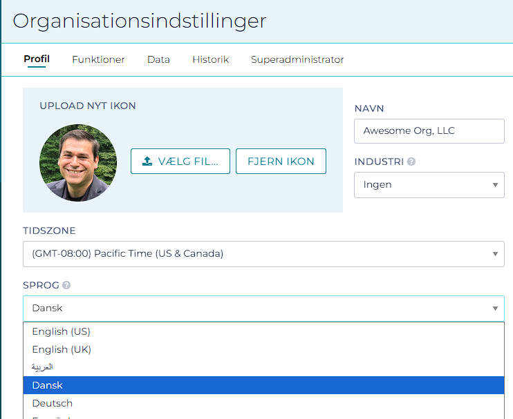Screenshot showing Danish option in organization settings