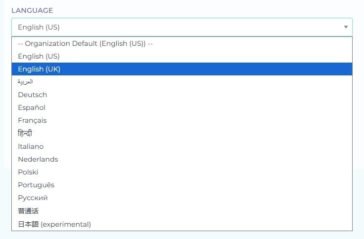 Screenshot of the setting for selecting your language preference